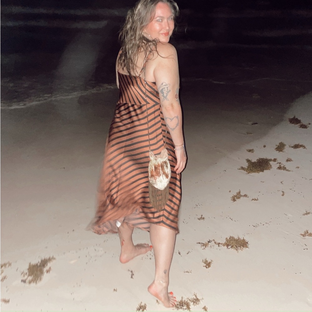 A New Day asymmetrical satin dress in pinkish orange with black stripes - Picture 2 of 6